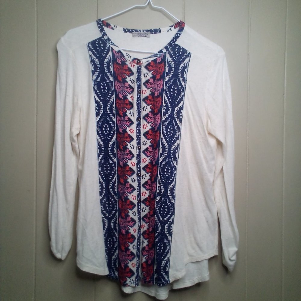 Lucky Brand Blouse M Long Tab Sleeves Boho Button Front